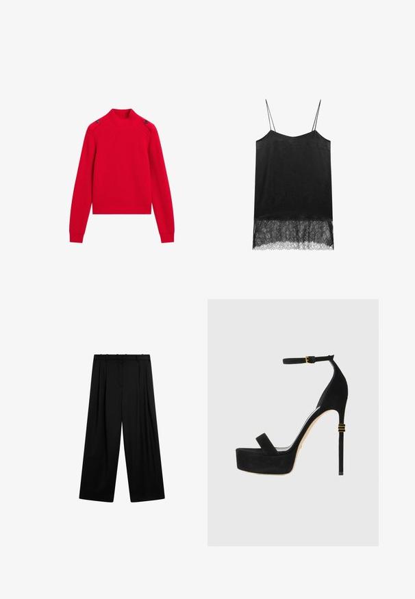 Red ribbed knit sweater featuring a high neck, side buttons, and long sleeves with fitted cuffs. Cropped design.; Black camisole with thin straps, featuring a textured fabric and a lace hem detail. Smooth finish on top, intricate lace pattern at the bottom.; Massimo Dutti DARTED - Trousers - black; Black suede high-heeled platform sandal with an ankle strap and gold-toned hardware accents. Features a rounded toe and stiletto heel.
