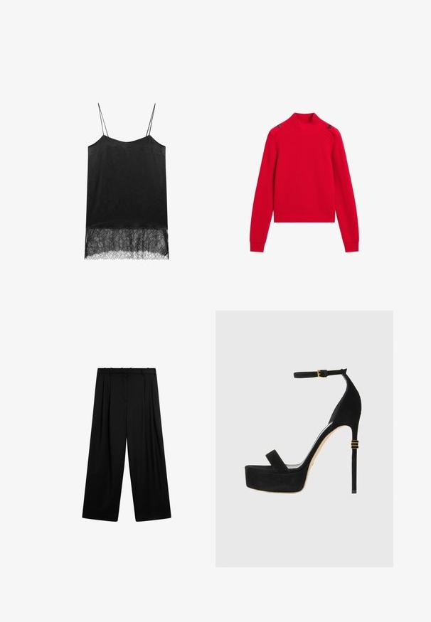 Red ribbed knit sweater featuring a high neck, side buttons, and long sleeves with fitted cuffs. Cropped design.; Black camisole with thin straps, featuring a textured fabric and a lace hem detail. Smooth finish on top, intricate lace pattern at the bottom.; Massimo Dutti DARTED - Trousers - black; Black suede high-heeled platform sandal with an ankle strap and gold-toned hardware accents. Features a rounded toe and stiletto heel.