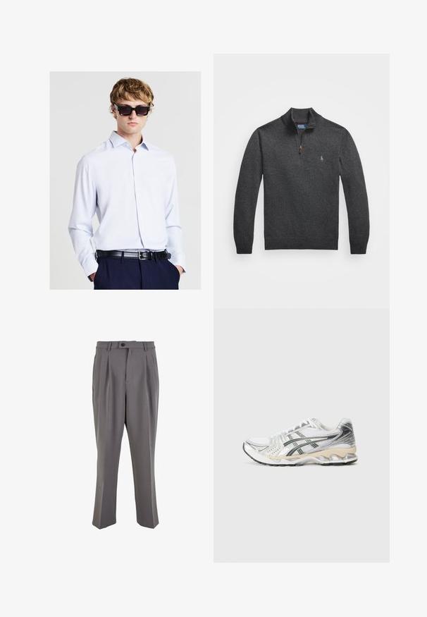 Sweat à zip gris foncé en matériau tricoté. Présente un col haut et un petit logo brodé sur la poitrine. Texture lisse.; Jeune homme portant des lunettes de soleil noires surdimensionnées, une chemise boutonnée bleu clair, un pantalon foncé et une ceinture en cuir noir, posant avec les mains dans les poches.; Pantalons plissés gris en tissu lisse, avec une coupe droite, une fermeture à un bouton et des passants de ceinture. Design minimaliste.; Baskets blanches avec des accents argentés et noirs, tige en mesh, design texturé, semelle rembourrée et motif de semelle flexible.