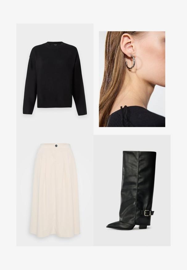 Črn pleten pulover z okroglo izrezom, spuščeno ramo in rebrastimi manšetami. Gladka tekstura in sproščen, kvadratast kroj.; Kremna midi krila z naborki, sprednjim gumbom in gladko teksturo, zasnovana za udoben fit.; Črne usnjene gležnjarje do gležnjev z ostrim nosom, gladko teksturo in srebrnim sponko akcentom na strani. Debel kvadratni peti.; Srebrna obročasta uhana s polirano površino, ki vključuje majhne zlate poudarke in okroglo obliko, nošena na ušesnem lobu.