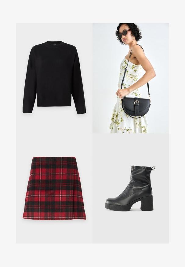 Fekete kötött pulóver kerek nyakkivágással, eső válú ujjakkal és bordázott mandzsettákkal. Simaszerkezet és laza, doboz alakú szabás.; Piros és fekete kockás mini szoknya, puha anyagból készült, harang formájú, vízszintes varrással és tiszta szegéllyel.; Fekete bokacsizmák sima bőrből, oldalsó cipzárral, vastag, texturált sarkú és lekerekített orrú dizájnnal.; Fekete bőrtáska ívelt formával, levehető pánttal és arany színű fémrészekkel. A táskán egy csattal díszített fedél található.