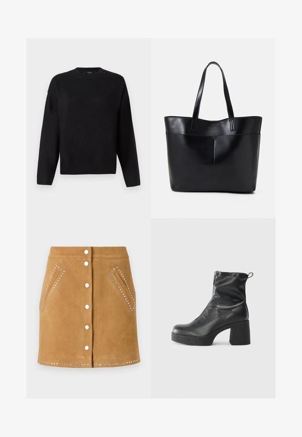 Mustat neuleet paita, jossa on pyöreä pääntie, putoavat olkapäät ja resorit. Sileä rakenne ja rento, laatikkomainen istuvuus.; Ruskea mokkaharsohame, jossa on edessä nappikiinnitys, kaksi sivutaskua ja hopeiset niitit taskujen ja helman reunassa. Sileä pinta.; Mustat nilkkurit, jotka on valmistettu sileästä nahasta. Niissä on sivuvetoketju, paksu teksturoitu korko ja pyöristetty kärki.; Musta nahkainen kassi, jossa on kaksi pitkää kahvaa, sileä pinta ja jämäkkä muoto. Sisältää etutaskun lisävarastointia varten.