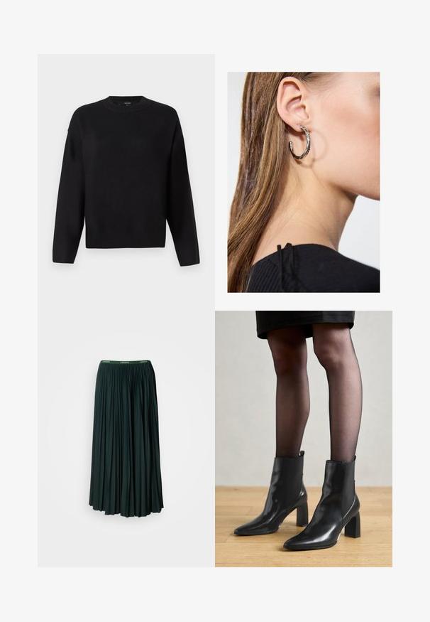 Maglione nero lavorato a maglia con scollo rotondo, spalle cadute e polsini a coste. Texture liscia e vestibilità rilassata e ampia.; Gonna lunga plissettata di colore verde scuro con una cintura larga che presenta il nome del marchio "LACOSTE" in lettere verdi a contrasto.; Stivaletti neri in pelle con punta affusolata, tacco quadrato imponente e design elegante. Dotati di pannelli laterali elasticizzati per una facile vestibilità.; Orecchino a cerchio in argento con finitura lucida, caratterizzato da piccoli dettagli in oro e una forma tondeggiante, indossato sul lobo.