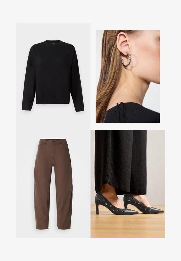 Black knitted sweater with a round neckline, dropped shoulders, and ribbed cuffs. Smooth texture and a relaxed, boxy fit.; Brown straight-leg pants with front button and zipper, belt loops, and side pockets, displayed on a white background.; Black leather high heels with a pointed toe design, featuring metal eyelet accents along the sides, and a slim stiletto heel.; Silver hoop earring with a polished finish, featuring small gold accent details and a round shape, worn on the lobe.