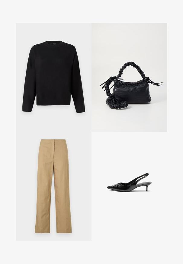 Mustmust mustriga, ümmarguse kaelusega, langevate õlgadega ja ribakudumisega mansettidega. Sile tekstuur ja lõdvestunud, kastikujuline istuvus.; Beez, sirged sääred, millel on lame esitahk, küljetaskud ja sile, kerge kangas. Ilma nähtavate mustrite või metalldetailideta.; Mustad nahast rihmikud terava nina, madala kassisaba kand ja volditud detailiga eespool. Siledat tekstuuri ja minimalistlikku disaini.; Must must sünteetilisest nahast käekott, millel on krokodillimuster, kokku tõmmatav ülaosa ja kortsus rihm. Tundub pehme ja kompaktne disain.