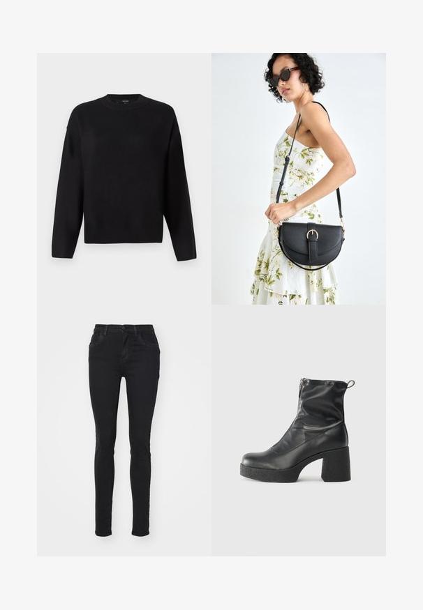 Črn pleten pulover z okroglo izrezom, spuščeno ramo in rebrastimi manšetami. Gladka tekstura in sproščen, kvadratast kroj.; Črne oprijete jeans hlače iz denima, z gumbom za zapiranje, sprednjimi žepi in minimalnimi šivi. Gladka tekstura s klasičnim dizajnom.; Črne gležnjarje iz gladke kože z božnim zadrgo, masivnim teksturiranim peto in zaobljeno obliko prstov.; Črna usnjena torbica s ukrivljeno obliko, z odstranljivo naramnico in zlatimi dodatki. Torbica ima pokrov s podrobnostmi v obliki zaponke.