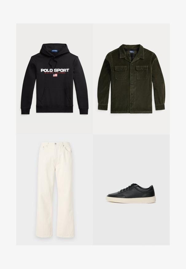 Polo Ralph Lauren POLO SPORT HOODIE UNISEX - Jersey con capucha - black/white; Camisa chaqueta de pana de color verde oscuro con mangas largas, dos bolsillos en el pecho y cierre de botones. Presenta un cuello clásico y una textura de canalé horizontal.; Jeans de pierna ancha color crema, confeccionados en denim, que cuentan con un diseño estándar de cinco bolsillos y un cierre de botón metálico en la cintura.; Zapatilla negra de piel de caña baja con cordones negros y suela color crema, mostrada en perfil lateral sobre fondo blanco.