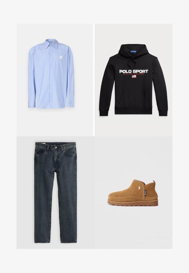 Polo Ralph Lauren POLO SPORT HOODIE UNISEX - Luvtröja - black/white; Ljusblå randig skjorta i bomull, med spetsig krage, framknäppning och broderad 'N'-logotyp. Långa armar med manschetter.; Mörkblå denimjeans med rak bendesign, fem fickor och knappgylf. Tyget har en subtil blekning och textur.; Bruna mockaläder anklarstövlar med en mjuk yta, sydda detaljer och en gummisula. Har en liten vit logotyp på sidan.