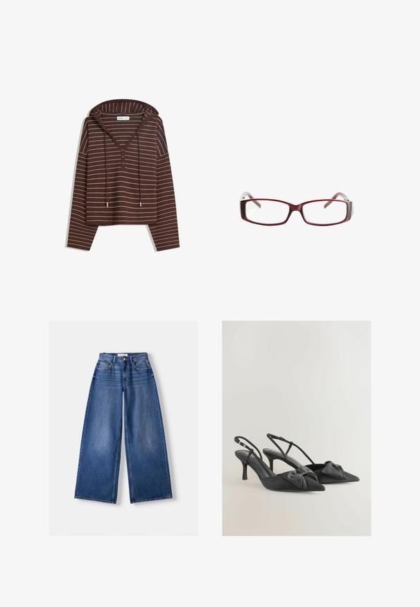 Brown hooded long-sleeve top with white horizontal stripes, three-button V-neck, and drawstrings on the hood, labeled Bershka.; Stradivarius Top - light yellow; Bershka WIDE-LEG - Wide Leg - dark blue; Black satin slingback heels with pointed toes, small bows on the vamp, and slender heels. Features adjustable ankle straps.; Red rectangular eyeglasses with a sleek design. Clear lenses, slightly translucent temples, and a gradient effect from red to gray.