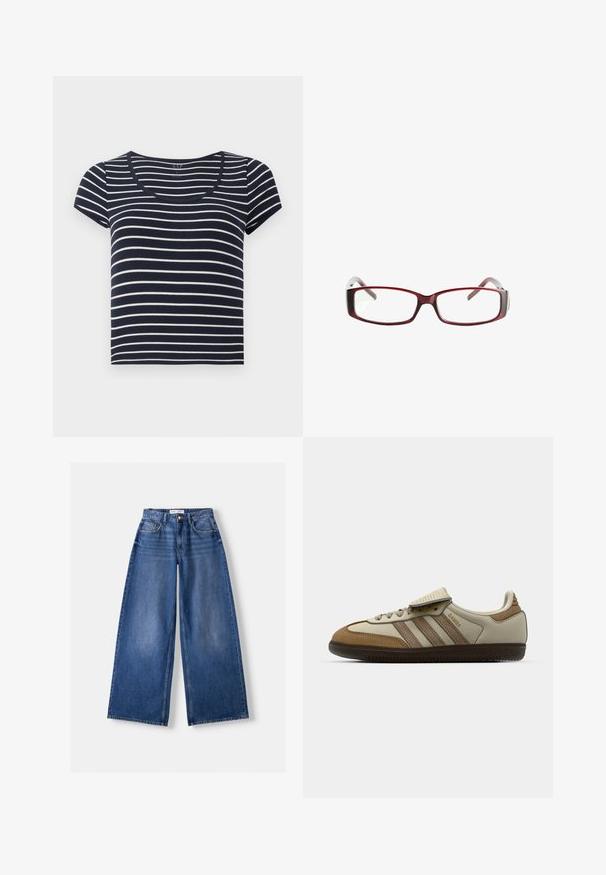 Maglione a maniche lunghe marrone con cappuccio, a righe orizzontali bianche, scollatura a V con tre bottoni e cordini sul cappuccio, etichettato Bershka.; T-shirt a righe navy e bianche con maniche corte e scollatura a barca. Realizzato in tessuto morbido, presenta righe orizzontali uniformi di varia larghezza.; Bershka WIDE-LEG - Wide Leg - dark blue; Scarpa da ginnastica marrone e crema con tre strisce beige, materiali in pelle scamosciata e pelle, design con lacci e suola in gomma. Logo testuale sul lato.; Occhiali da sole rettangolari rossi con un design elegante. Lenti chiare, steli leggermente traslucidi e un effetto sfumato dal rosso al grigio.