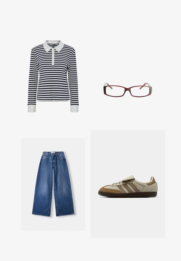 Barna kapucnis, hosszú ujjú felső fehér vízszintes csíkokkal, háromgombos V-nyakkal, és zsinórral a kapucnin, Bershka felirattal.; Csíkos, hosszú ujjú pólóing sötétkék és fehér színben, kontrasztos fehér gallérral, gombos légygombolással és bordázott textúrával.; Bershka WIDE-LEG - Széles szárú - dark blue; Barna és krém színű sportcipő, három bézs csíkkal, velúr és bőr anyagból készült, fűzős kialakítással és gumitalppal. Szöveges logó az oldalon.; Vörös téglalap alakú szemüveg, amelynek elegáns kivitele van. Átlátszó lencsék, enyhén áttetsző szárak, és vörösből szürkébe átmenő színátmenet.