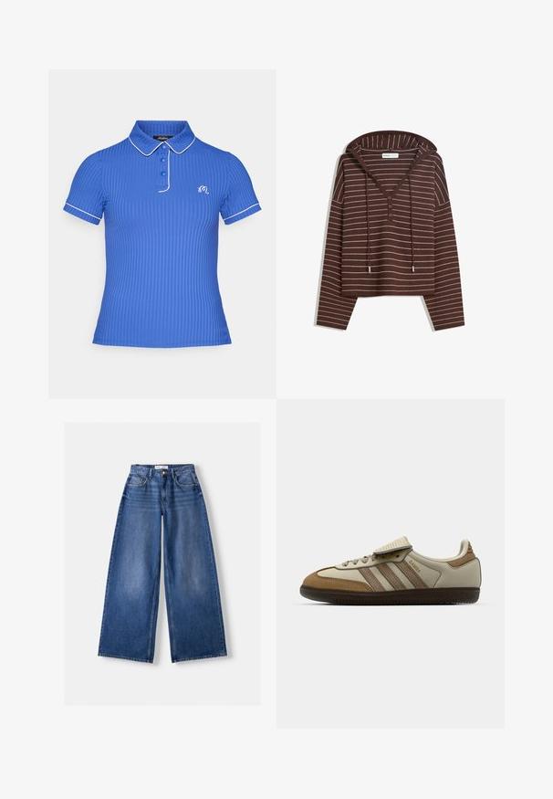 hnedá mikina s kapucňou a dlhým rukávom s bielymi horizontálnymi pruhmi, s V-výstrihom na tri gombíky a sťahovacími šnúrkami na kapucni, označená značkou Bershka.; Modrá rebrovaná polo košeľa s golierom, trojica gombíkov a bielym lemovaním na rukávoch a golieri, s vyšitým logom.; Bershka WIDE-LEG - Široké nohavice - dark blue; Hnedé a krémové športové topánky s tromi béžovými pruhmi, z hladkej kože a kože, s dizajnom na šnurovanie a gumovou podrážkou. Textová značka na boku.