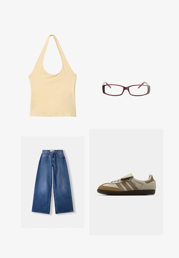 hnedá mikina s kapucňou a dlhým rukávom s bielymi horizontálnymi pruhmi, s V-výstrihom na tri gombíky a sťahovacími šnúrkami na kapucni, označená značkou Bershka.; Stradivarius Top - light yellow; Bershka WIDE-LEG - Široké nohavice - dark blue; Hnedé a krémové športové topánky s tromi béžovými pruhmi, z hladkej kože a kože, s dizajnom na šnurovanie a gumovou podrážkou. Textová značka na boku.; Červené obdĺžnikové dioptrické okuliare s elegantným dizajnom. Priehľadné šošovky, mierne priesvitné rámiky a prechodový efekt od červenej po šedú.
