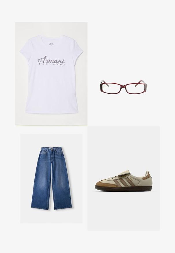 Brown hooded long-sleeve top with white horizontal stripes, three-button V-neck, and drawstrings on the hood, labeled Bershka.; White short-sleeve t-shirt made of cotton, featuring a black rhinestone logo that reads "Armani Exchange" across the front.; Bershka WIDE-LEG - Wide Leg - dark blue; Brown and cream athletic shoe with three beige stripes, suede and leather materials, lace-up design, and rubber sole. Text logo on side.; Red rectangular eyeglasses with a sleek design. Clear lenses, slightly translucent temples, and a gradient effect from red to gray.