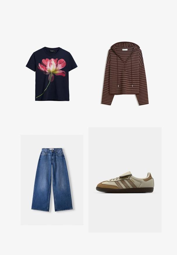 Smeđi dukserica s kapuljačom, dugih rukava, s bijelim horizontalnim prugama, V-izrezom s tri gumba i špagama za regulaciju na kapuljači, označena kao Bershka.; Tamnoplava pamučna majica s velikim ružičastim i bijelim cvjetnim grafičkim uzorkom na prednjoj strani, s zelenom stabljikom koja se proteže prema dnu.; Bershka WIDE-LEG - Široke nogavice - dark blue; Smeđi i kremasti atletski tenisice s tri bež pruge, od kože i ante, s vezanjem i gumeni potplat. Tekstualni logo sa strane.