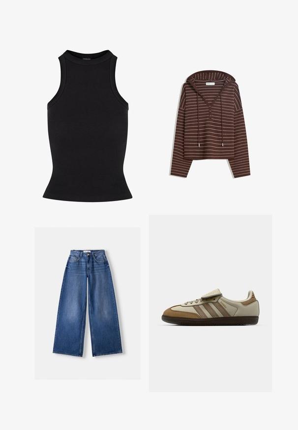 Ruskea huppu pitkähihaisessa paidassa, jossa on valkoisia vaakasuoria pintoja, kolmen napin V-kaula-aukko ja nyörit hupussa, merkitty Bershkaksi.; Musta ribbattu hihaton paita, jossa on korkea kaulus ja tiukka siluetti. Liukas pinta, jossa ei ole näkyviä koristeita tai kuvioita.; Bershka WIDE-LEG - Leveälahkeiset - dark blue; Ruskohvittua ja kermajuovapintaista urheilukenkää, jossa on kolme vaaleanbeigeä raitaa, päällysteet nahkaa ja mokkaa, nauhakiristys ja kumipohja. Tekstilogo sivulla.