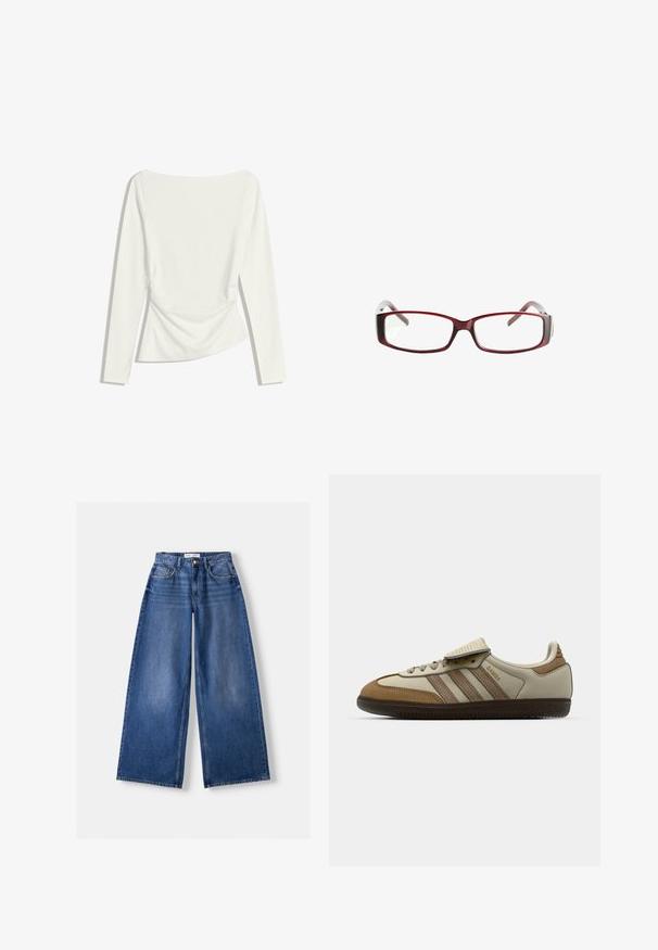 Brauner Kapuzenpullover mit langen Ärmeln, weißen horizontalen Streifen, V-Ausschnitt mit drei Knöpfen und Zugbändern an der Kapuze, mit dem Etikett Bershka.; Weißes Langarmshirt für Frauen mit Bootsausschnitt, gerafftem Taillenbereich und leicht taillierter Silhouette.; Bershka WIDE-LEG - Wide Leg - dark blue; Braune und cremefarbene Sportschuhe mit drei beigefarbenen Streifen, aus Wildleder und Leder gefertigt, Schnürdesign und Gummisohle. Textlogo an der Seite.; Rote rechteckige Brille mit schlankem Design. Klare Gläser, leicht durchsichtige Bügel und ein Verlaufseffekt von Rot zu Grau.