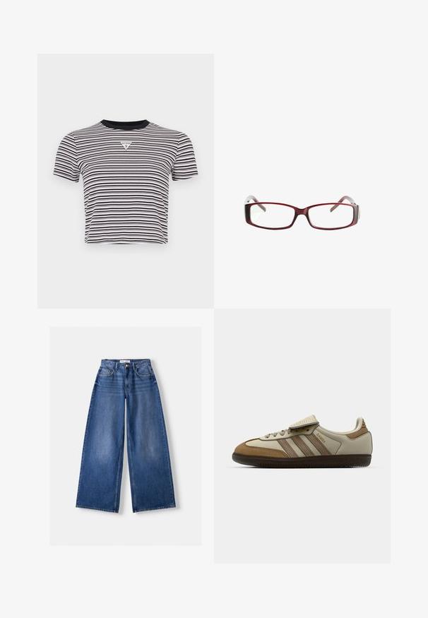 Ruskea huppu pitkähihaisessa paidassa, jossa on valkoisia vaakasuoria pintoja, kolmen napin V-kaula-aukko ja nyörit hupussa, merkitty Bershkaksi.; Lyhyet hihansuin varustettu musta-valkoraidallinen t-paita, jossa on pyöreä kaula-aukko ja kolmiomainen logo-ommel rinnassa. Pehmeää puuvillaa.; Bershka WIDE-LEG - Leveälahkeiset - dark blue; Ruskohvittua ja kermajuovapintaista urheilukenkää, jossa on kolme vaaleanbeigeä raitaa, päällysteet nahkaa ja mokkaa, nauhakiristys ja kumipohja. Tekstilogo sivulla.; Punaiset suorakulmaiset silmälasit, joissa on tyylikäs muotoilu. Kirkkaat linssit, hieman läpikuultavat templet ja punaisesta harmaaseen ulottuva väriharjoitus.