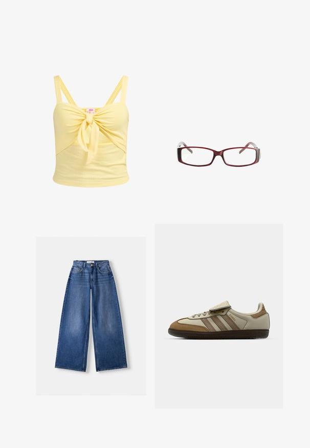 Barna kapucnis, hosszú ujjú felső fehér vízszintes csíkokkal, háromgombos V-nyakkal, és zsinórral a kapucnin, Bershka felirattal.; Sárga bordázott crop top elöl csomózott részlettel és állítható, dupla pántokkal. Fitt kialakítású és puha texúrával rendelkezik.; Bershka WIDE-LEG - Széles szárú - dark blue; Barna és krém színű sportcipő, három bézs csíkkal, velúr és bőr anyagból készült, fűzős kialakítással és gumitalppal. Szöveges logó az oldalon.; Vörös téglalap alakú szemüveg, amelynek elegáns kivitele van. Átlátszó lencsék, enyhén áttetsző szárak, és vörösből szürkébe átmenő színátmenet.