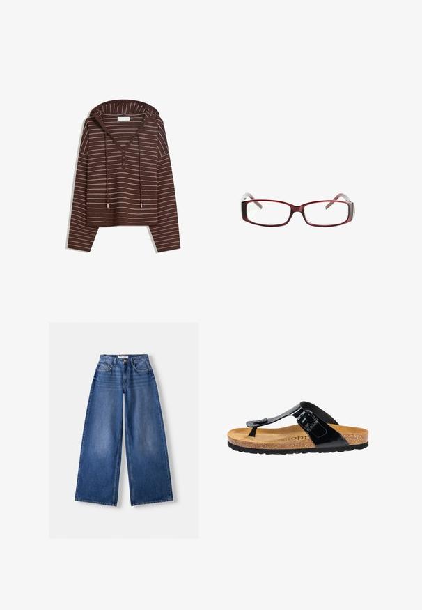 Maglione a maniche lunghe marrone con cappuccio, a righe orizzontali bianche, scollatura a V con tre bottoni e cordini sul cappuccio, etichettato Bershka.; Bershka WIDE-LEG - Wide Leg - dark blue; Infradito in vernice nera con suola in sughero, suola in gomma e una fibbia decorativa sulla cinghia. Superficie liscia, design minimalista.; Occhiali da sole rettangolari rossi con un design elegante. Lenti chiare, steli leggermente traslucidi e un effetto sfumato dal rosso al grigio.
