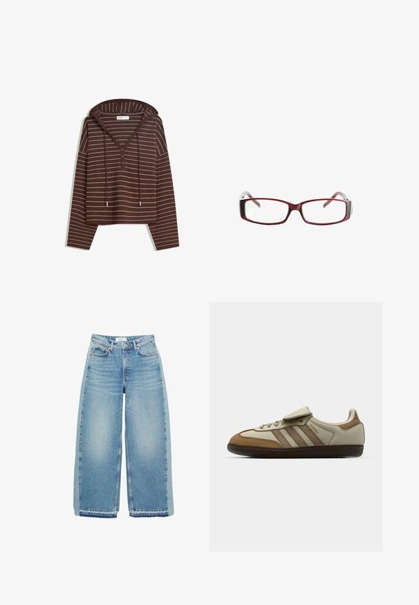 Brun huva långärmad tröja med vita horisontella ränder, tre-knapp V-ringning och snoddar på huvan, märkt Bershka.; Ljusblå bredbenta jeans i denim, med hög midja, knappstängning, framfickor och rå fåll.; Brun och krämfärgad träningsskor med tre beige ränder, made of mocka och läder, snörningsdesign och gummisula. Textlogotyp på sidan.; Röda rektangulära glasögon med en elegant design. Klara linser, något genomskinliga skalmar och en gradienteffekt från röd till grå.