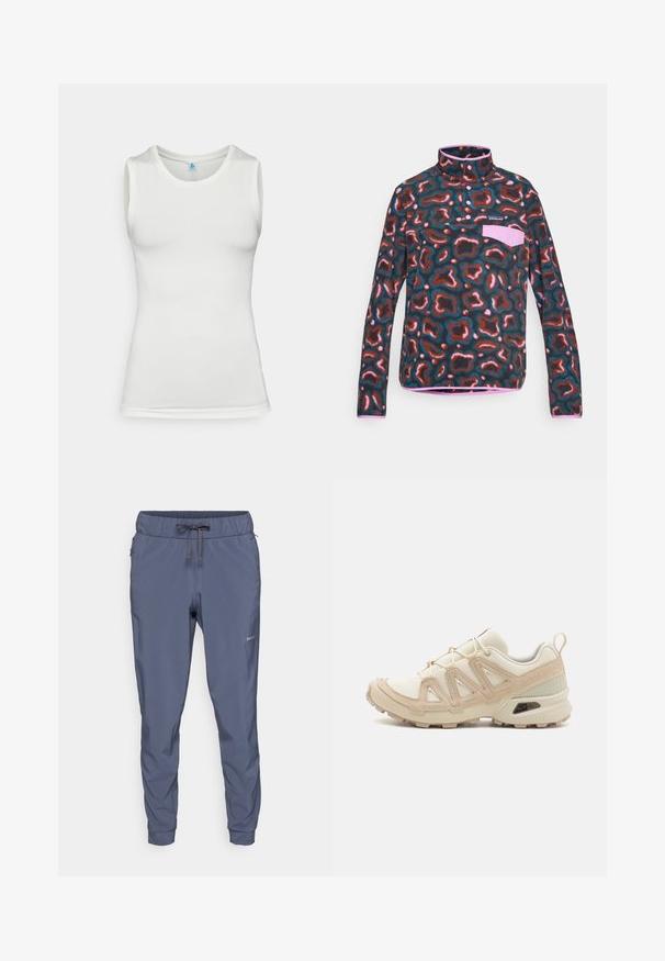 Fleece hoodie met een hoge kraag, voorzien van een meerkleurig abstract patroon in tinten bruin, teal en roze. Inclusief een borstzak.; Witte mouwloze sporttop gemaakt van gestructureerde meshstof. Heeft een ronde halslijn en een aansluitende pasvorm met gladde zomen.; Patagonia TERREBONNE JOGGERS - Outdoorbroeken - smolder blue; Beige en crème sportschoen met een textuur-mesh bovenwerk, ondersteunende overlays en een rubberen zool met een profielpatroon voor grip.