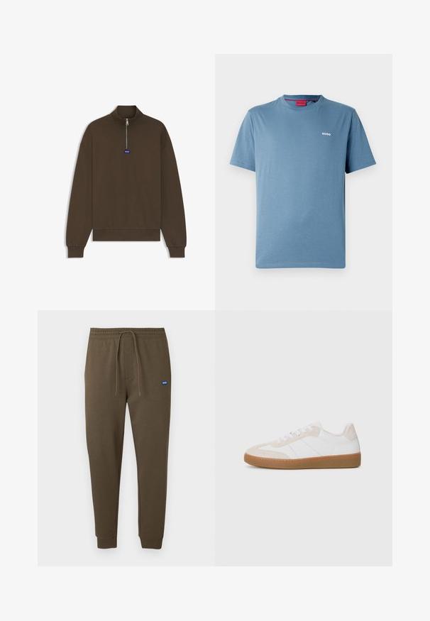 Barna cipzáros pulóver magas gallérral, bordázott mandzsettákkal és szegéllyel, elöl egy kis kék logóval. Simaságot és puhaságot sugárzó anyag.; Kék, rövid ujjú, kerek nyakú póló kis fehér "HUGO" logóval a bal mellrészen és piros belső gallér címkével.; Sötét olívazöld színű melegítőnadrág elasztikus derékpánttal, húzózsinórral, oldalzsebekkel és bordás mandzsettákkal. Kis kék logófolt a bal oldalon.; Fehér és bézs sportcipő velúrból és bőrből készült elemekkel. Gumitalp, fűzős kialakítás, és minimalista oldalsávok jellemzik.