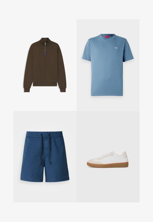 Ruskea vetoketjullinen collegepaita, jossa on korkea kaulus, resorit hihansuissa ja helmassa, sekä pieni sininen logo edessä. Pinnan sileä ja pehmeä kangas.; Sininen lyhythihainen pyöreäkauluksinen T-paita, jossa pieni valkoinen "HUGO"-logo vasemmassa rinnassa ja punainen sisäkaulustarra.; Sinih tanga renang dengan pinggang elastis, penutupan tali, dan kain berbentuk tekstur. Desainnya memiliki potongan lurus dan tanpa saku.; Valkoiset ja beige sneakersit, joissa on mokka- ja nahkaelementtejä. Varustettu kumipohjalla, nyörityssuunnittelulla ja minimalistisilla sivuviivoilla.