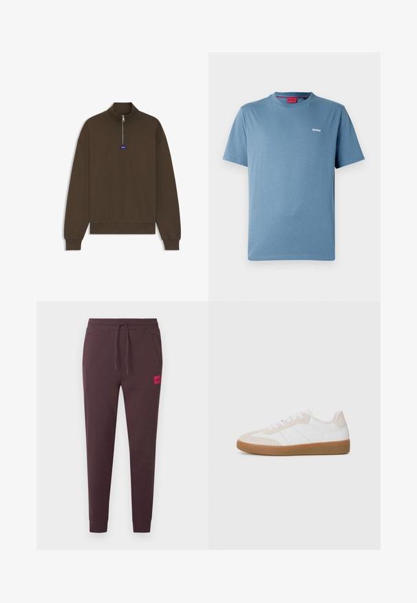 Felpa marrone con zip e collo alto, polsini e orlo a coste, con un piccolo logo blu sul davanti. Tessuto dalla texture liscia e morbida.; Maglietta blu a maniche corte con scollo rotondo, piccolo logo bianco "HUGO" sul lato sinistro del petto e etichetta interna rossa sul colletto.; Pantaloni della tuta marrone scuro con vita regolabile tramite coulisse, gambe affusolate, tasche laterali e una piccola patch con logo rosso sul davanti. Tessuto morbido e liscio.; Sneaker bianco e beige con elementi in suede e pelle. Presenta una suola in gomma, un design con lacci e righe laterali minimaliste.