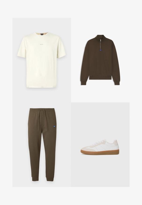 Rjava jopa z zadrgo in visokim ovratnikom, rebrastimi manšetami in spodnjim robom, z majhnim modrim logotipom spredaj. Gladek, mehak tekstura tkanine.; Kremna majica s kratkimi rokavi iz bombaža, z okroglim ovratnikom in besedo "BOSS" natisnjeno v subtilni sivi barvi spredaj.; Temno olivno zelene trenirke z elastnim pasom, vrvico za zavezovanje, stranskimi žepi in rebrastimi manšetami. Majhna modra logotipna značka na levi strani.; Bež in bela superga z elementi iz semiša in usnja. Ponuja gumijast podplat, zasnovo z vezalkami in minimalistične stranske črte.