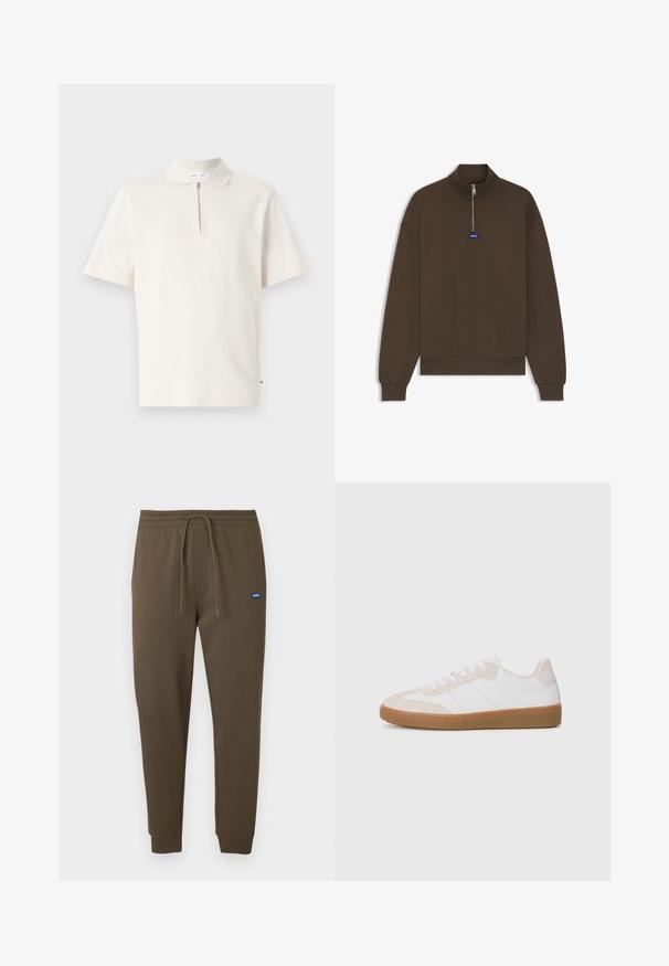 Sweat-shirt marron zippé avec un col montant, des poignets et un ourlet côtelés, présentant un petit logo bleu sur le devant. Texture de tissu lisse et douce.; Polo à manches courtes en blanc cassé, avec un col zippé. Fabriqué en tissu doux, avec un design épuré et minimal sans motifs visibles.; Pantalon de survêtement vert olive foncé avec une taille élastique, un cordon de serrage, des poches latérales et des poignets côtelés. Petite écusson de logo bleu sur la gauche.; Sneaker blanche et beige avec des éléments en daim et en cuir. Présente une semelle en caoutchouc, un design à lacets et des rayures latérales minimalistes.