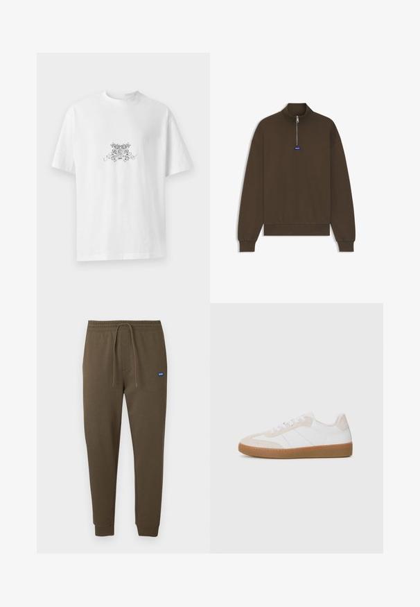 Rjava jopa z zadrgo in visokim ovratnikom, rebrastimi manšetami in spodnjim robom, z majhnim modrim logotipom spredaj. Gladek, mehak tekstura tkanine.; Bela bomba majica iz bombaža s okroglim izrezom, kratkimi rokavi in črno cvetličnim grafičnim dizajnom, ki vsebuje "HUGO" v središču.; Temno olivno zelene trenirke z elastnim pasom, vrvico za zavezovanje, stranskimi žepi in rebrastimi manšetami. Majhna modra logotipna značka na levi strani.; Bež in bela superga z elementi iz semiša in usnja. Ponuja gumijast podplat, zasnovo z vezalkami in minimalistične stranske črte.