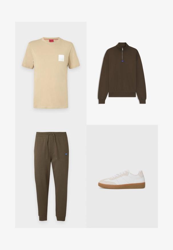 Brun genser med glidelås og høy krage, ribbestrikkede mansjetter og kant, med en liten blå logo foran. Glatt, mykt stoff.; Beige bomull t-skjorte med korte ermer, rund hals, og hvit firkantet logo på venstre bryst. Glatt tekstur, uformell design.; Mørk olivengrønne joggebukser med elastisk midjebånd, snor, sidelommer og ribbede mansjetter. Liten blå logo på venstre side.; Hvit og beige sneaker med semsket skinn og lær-elementer. Har gummisåle, snøring og minimalistiske side-striper.