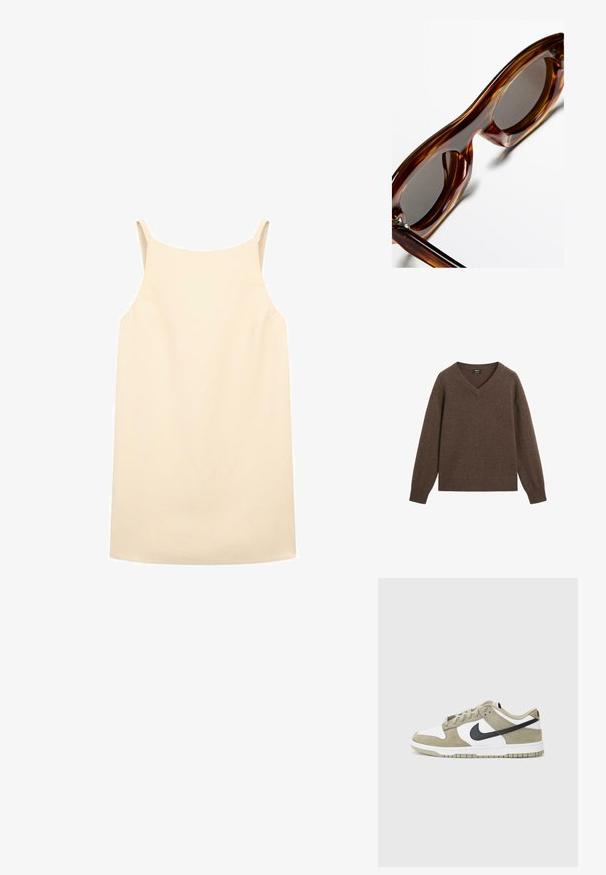 Brauner V-Ausschnitt-Pullover aus weichem Material mit gerippten Bündchen und Saum. Hat eine lockere Passform und keine sichtbaren Muster oder Hardware-Akzente.; Beige ärmelloses Kleid mit lockerer Passform, aus glattem Stoff gefertigt, mit dünnen Schulterträgern und geradem Saum.; Beige und weiße Wildledersneaker mit schwarzen Akzenten, perforierter Zehenbox, flachen Schnürsenkeln und einer Gummisohle mit strukturiertem Grip-Muster.; Braune Schildpatt-Sonnenbrille mit runden Rahmen, dunklen Gläsern und glänzender Oberfläche, die dicke, kurvige Bügel und minimale Beschläge präsentiert.; Schwarze Lederhandtasche mit glatter Oberfläche, ausgestattet mit einem einzelnen Schulterriemen, goldenen Akzenten und einem Reißverschluss. Logo auf der Vorderseite angezeigt.