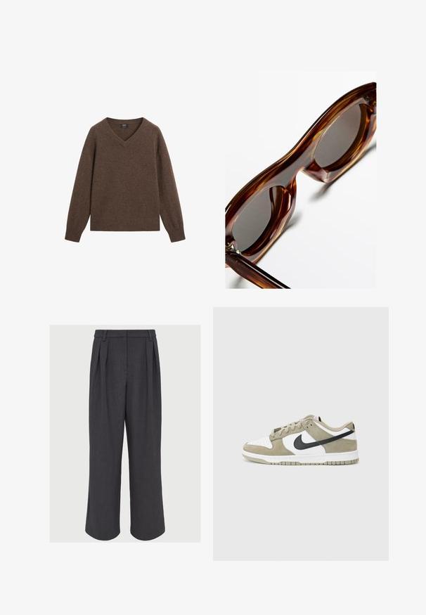 Hnědý svetr s V-výstřihem vyrobený z měkkého materiálu s žebrovanými manžetami a lemem. Má volný střih a žádné viditelné vzory ani kovové detaily.; Bílá bezrukávová blůza vyrobená z lehkého materiálu, se výstřihem do V a zavazováním, a vrstvami rýh. Nastavitelné ramínka.; Kalhoty s širokými nohavicemi v tmavě šedé barvě, s předními záhyby, hladkou texturou a upraveným pasem s poutky na pás.; Beige a bílé semišové tenisky s černými akcenty, perforovanou špičkou, plochými tkaničkami a gumovou podrážkou s texturovaným gripem.; Hnědé želvovinové sluneční brýle s kulatými obrubami, tmavými skly a lesklým povrchem, ukazující silné, zakřivené nohy a minimální kovové prvky.; Černá kožená kabelka s hladkým povrchem, vybavená jedním ramenním popruhem, zlatými akcenty a zipovým uzávěrem. Logo umístěné na přední straně.