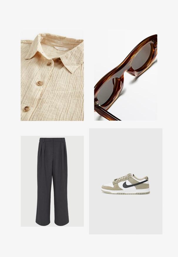 Brun V-ringad tröja i mjukt material med ribbade mudd och nederkant. Har en avslappnad passform och inga synliga mönster eller hårdvarudetaljer.; Beige skjorta med knappar och en texturerad, rynkad tyg. Har en krage och fem bruna knappar fram. Etikett synlig inuti.; Breda byxor i mörkgrått tyg, med frontveck, en slät textur och en skräddarsydd midja med bälteshällor.; Beige och vita mockaskor med svarta accenter, perforerat tåbox, platta snören och en gummisula med ett strukturerat greppmönster.; Bruna sköldpaddsolglasögon med rundade glas, mörka linser och en glansig finish, som visar upp tjocka, kurviga stänger och minimal hårdvara.; Svart läderhandväska med en slät yta, med en enda axelrem, gyllene detaljer och dragkedjestängning. Logotypen visas på framsidan.