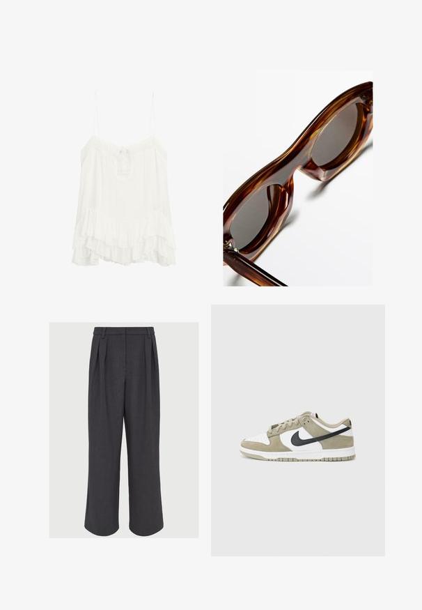 Brauner V-Ausschnitt-Pullover aus weichem Material mit gerippten Bündchen und Saum. Hat eine lockere Passform und keine sichtbaren Muster oder Hardware-Akzente.; Weiße ärmellose Bluse aus leichtem Stoff mit einem V-Ausschnitt und einer Schleife sowie einem geschichteten Volantsaum. Verstellbare Träger.; Weite Hose aus dunkelgrauem Stoff, mit vorderen Falten, glatter Textur und einem taillierten Bund mit Gürtelschlaufen.; Beige und weiße Wildledersneaker mit schwarzen Akzenten, perforierter Zehenbox, flachen Schnürsenkeln und einer Gummisohle mit strukturiertem Grip-Muster.; Braune Schildpatt-Sonnenbrille mit runden Rahmen, dunklen Gläsern und glänzender Oberfläche, die dicke, kurvige Bügel und minimale Beschläge präsentiert.; Schwarze Lederhandtasche mit glatter Oberfläche, ausgestattet mit einem einzelnen Schulterriemen, goldenen Akzenten und einem Reißverschluss. Logo auf der Vorderseite angezeigt.
