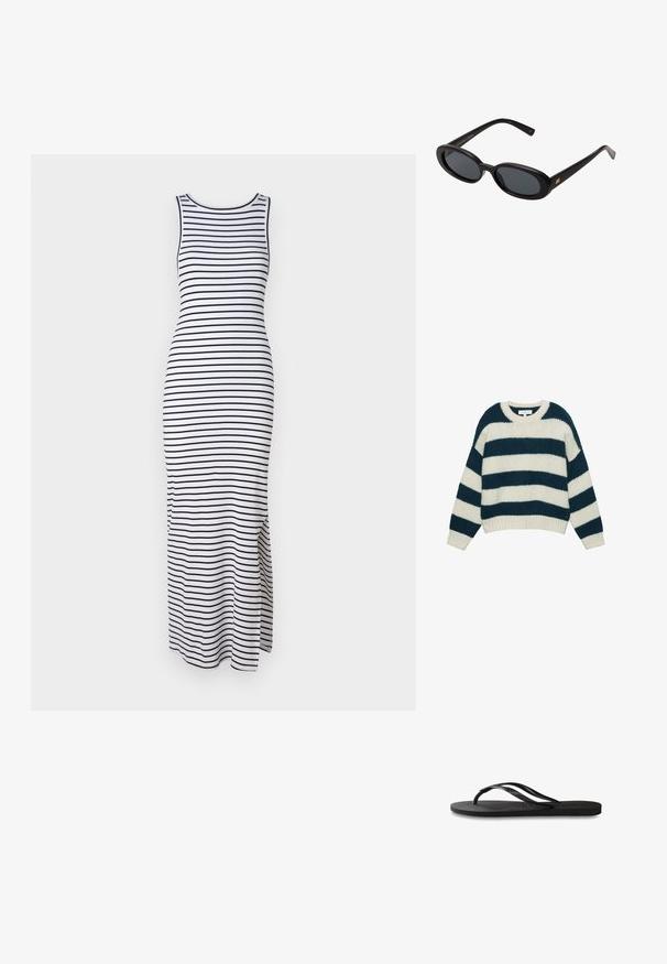 Gruby sweter robiony na drutach z szerokimi poziomymi pasami w kolorze granatowym i białym, okrągły dekolt oraz ściągacze przy mankietach i dolnej części.; Sukienka maxi w biało-czarne paski, bez rękawów, dopasowana, z bocznymi rozcięciami dla swobody ruchu, wykonana z elastycznego materiału.; Czarne klapki z teksturowaną gumową podeszwą, dwiema smukłymi paskami oraz subtelnym, wytłoczonym logo na pasku.; Czarne, oversize okulary przeciwsłoneczne z owalnymi soczewkami, gładkim plastikowym mostkiem i złotymi akcentami na zausznikach. Ciemne soczewki zapewniają ochronę przed słońcem.; Granatowa skórzana torba na ramię z odczepianym paskiem, srebrnymi zapięciami i subtelnym pionowym detalem z logo na środkowej części przodu.