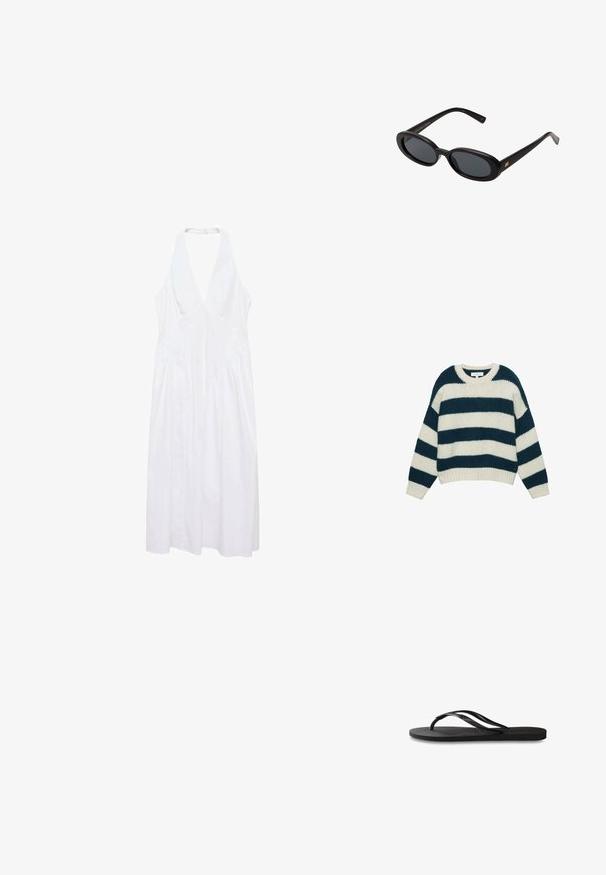 Chunky gebreide trui met brede horizontale navy-blauwe en witte strepen, ronde hals, en ribgebreide manchetten en zoom.; Witte mouwloze jurk met een diepe V-hals, geplooide zijkanten en een vloeiende A-lijn silhout. Gemaakt van lichte stof.; Zwarte flip-flop met een gestructureerde rubberen zool, twee slanke banden en een subtiele, ingedrukte logo-detail op de band.; Zwarte oversized zonnebril met ovale lenzen, een glad plastic montuur en gouden accenten op de pootjes. Donkere lenzen bieden bescherming tegen de zon.; Donkerblauwe leren schoudertas met afneembare schouderband, zilveren sluitingen en subtiele verticale logo-detalering in het midden vooraan.