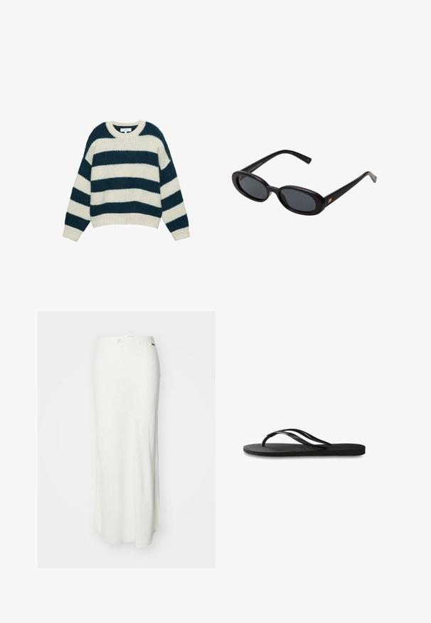 Chunky gebreide trui met brede horizontale navy-blauwe en witte strepen, ronde hals, en ribgebreide manchetten en zoom.; Witte maxi rok van lichtgewicht stof met een gladde textuur, voorzien van een elastische tailleband met een trekkoord voor aanpassing.; Zwarte flip-flop met een gestructureerde rubberen zool, twee slanke banden en een subtiele, ingedrukte logo-detail op de band.; Zwarte oversized zonnebril met ovale lenzen, een glad plastic montuur en gouden accenten op de pootjes. Donkere lenzen bieden bescherming tegen de zon.; Donkerblauwe leren schoudertas met afneembare schouderband, zilveren sluitingen en subtiele verticale logo-detalering in het midden vooraan.