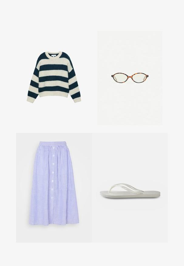Hlavný sveter s hrubým pletením, široké horizontálne pruhy námorníckej modrej a bielej farby, okrúhly výstrih a rebrované manžety a spodný lem.; Svetlomodrá a biela pruhovaná sukňa, strednej dĺžky, s gumičkovým pásom, predným zapínaním na gombíky a jemnou textúrou.; Biele žabky s textúrovanou podrážkou, tenkými popruhmi a plochým dizajnom. Vyrobené z gumy s jemným logom na podošve.; Korytnačkové okuliare s oválnymi šošovkami a hladkým, lesklým povrchom. Majú tenké strany s jemným zakrivením na spánkoch. Priehľadné šošovky.