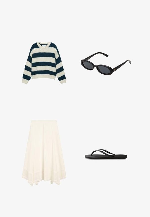 Pull en maille épaisse avec de larges rayures horizontales bleu marine et blanches, col rond et poignets et ourlet côtelés.; Jupe midi blanche en A avec un ourlet évasé et des coutures verticales subtiles, dotée d'une large bande d'ourlet texturée.; Tongs noires avec une semelle en caoutchouc texturée, deux fines lanières et un détail de logo embossé subtil sur la lanière.; Lunettes de soleil noires surdimensionnées avec des verres ovoïdes, monture en plastique lisse et accents dorés sur les tempes. Les verres sombres offrent une protection contre le soleil.; Sac à épaule en cuir bleu foncé avec une bandoulière amovible, des fermoirs en argent et un subtil détail de logo vertical au centre avant.