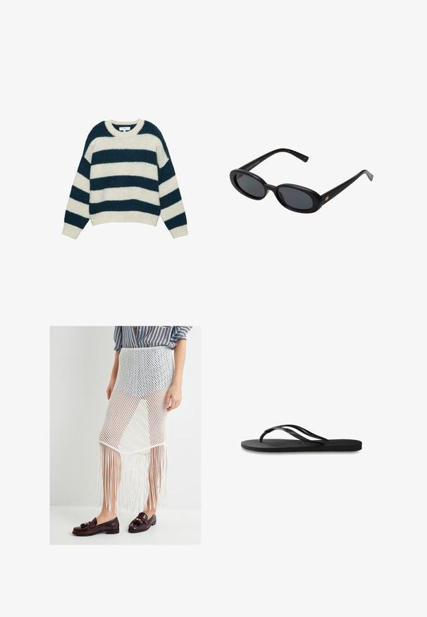Pull en maille épaisse avec de larges rayures horizontales bleu marine et blanches, col rond et poignets et ourlet côtelés.; Jupe en maille blanche avec un ourlet à franges, présentant un design en tricot ouvert. Portée avec des mocassins marron, mettant en avant un tissu texturé et un motif horizontal.; Tongs noires avec une semelle en caoutchouc texturée, deux fines lanières et un détail de logo embossé subtil sur la lanière.; Lunettes de soleil noires surdimensionnées avec des verres ovoïdes, monture en plastique lisse et accents dorés sur les tempes. Les verres sombres offrent une protection contre le soleil.; Sac à épaule en cuir bleu foncé avec une bandoulière amovible, des fermoirs en argent et un subtil détail de logo vertical au centre avant.