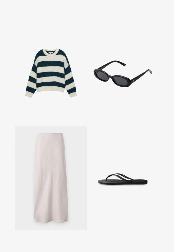 Pull en maille épaisse avec de larges rayures horizontales bleu marine et blanches, col rond et poignets et ourlet côtelés.; Jupe maxi en lin rose pâle au design épuré et droit. Le tissu présente une surface légèrement texturée et une taille élastique.; Tongs noires avec une semelle en caoutchouc texturée, deux fines lanières et un détail de logo embossé subtil sur la lanière.; Lunettes de soleil noires surdimensionnées avec des verres ovoïdes, monture en plastique lisse et accents dorés sur les tempes. Les verres sombres offrent une protection contre le soleil.; Sac à épaule en cuir bleu foncé avec une bandoulière amovible, des fermoirs en argent et un subtil détail de logo vertical au centre avant.