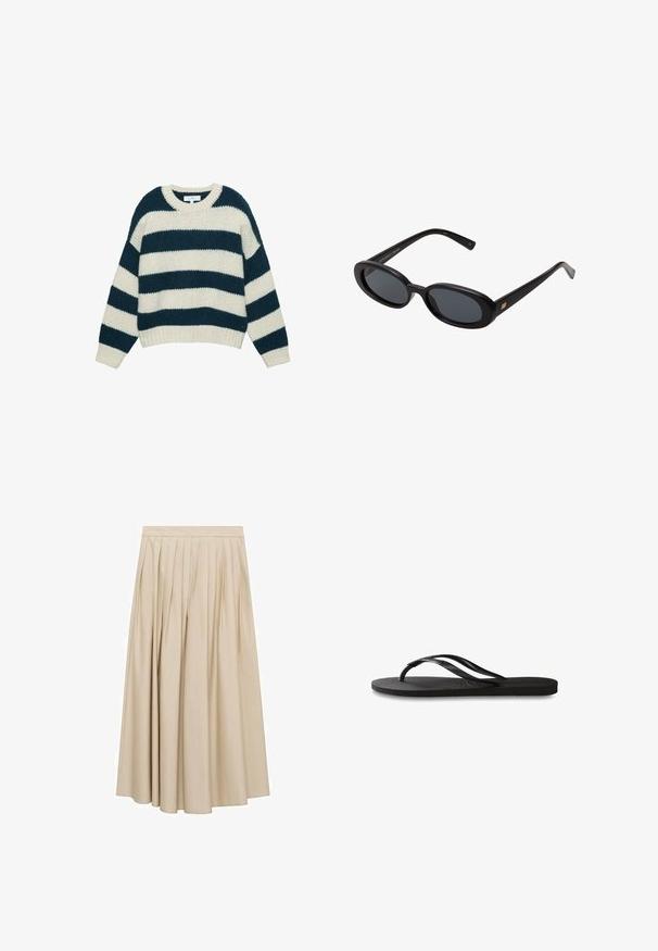 Kuscheliger Strickpullover mit breiten horizontalen navyblauen und weißen Streifen, Rundhalsausschnitt sowie gerippten Bündchen und Saum.; Faltenrock in Midilänge aus beigem Stoff mit glatter Textur und breitem Saum. Schlichter Bund mit vertikalen Falten, die Volumen verleihen.; Schwarze Flip-Flops mit einer strukturierten Gummisohle, zwei schlanken Riemen und einem dezenten, geprägten Logo-Detail auf dem Riemen.; Schwarze, oversized Sonnenbrillen mit ovalen Gläsern, glattem Kunststoffrahmen und goldenen Akzenten an den Bügeln. Die dunklen Gläser bieten Sonnenschutz.; Dunkelblaues Leder-Crossbody-Bag mit abnehmbarem Schultergurt, silbernen Verschlüssen und dezentem vertikalem Logo-Detail in der Mitte vorne.