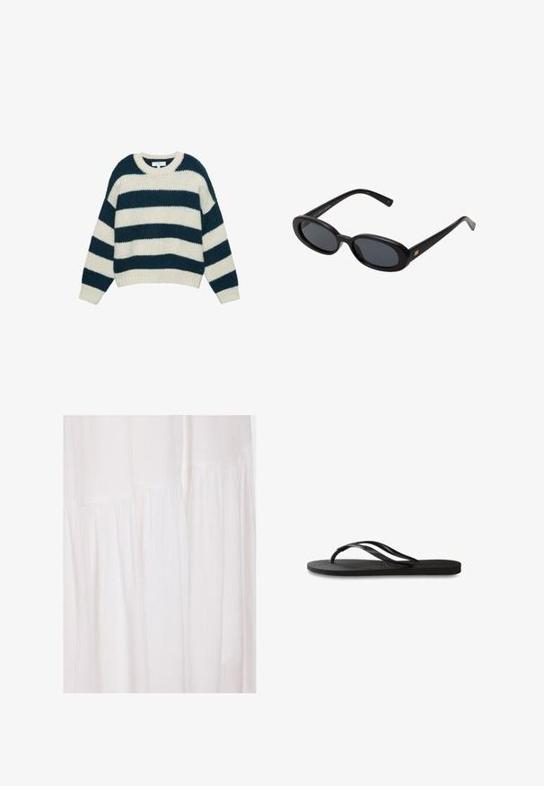Pull en maille épaisse avec de larges rayures horizontales bleu marine et blanches, col rond et poignets et ourlet côtelés.; Robe en tissu blanc présentant une surface texturée avec des plis doux et des éléments de design non structurés, créant une silhouette fluide.; Tongs noires avec une semelle en caoutchouc texturée, deux fines lanières et un détail de logo embossé subtil sur la lanière.; Lunettes de soleil noires surdimensionnées avec des verres ovoïdes, monture en plastique lisse et accents dorés sur les tempes. Les verres sombres offrent une protection contre le soleil.; Sac à épaule en cuir bleu foncé avec une bandoulière amovible, des fermoirs en argent et un subtil détail de logo vertical au centre avant.