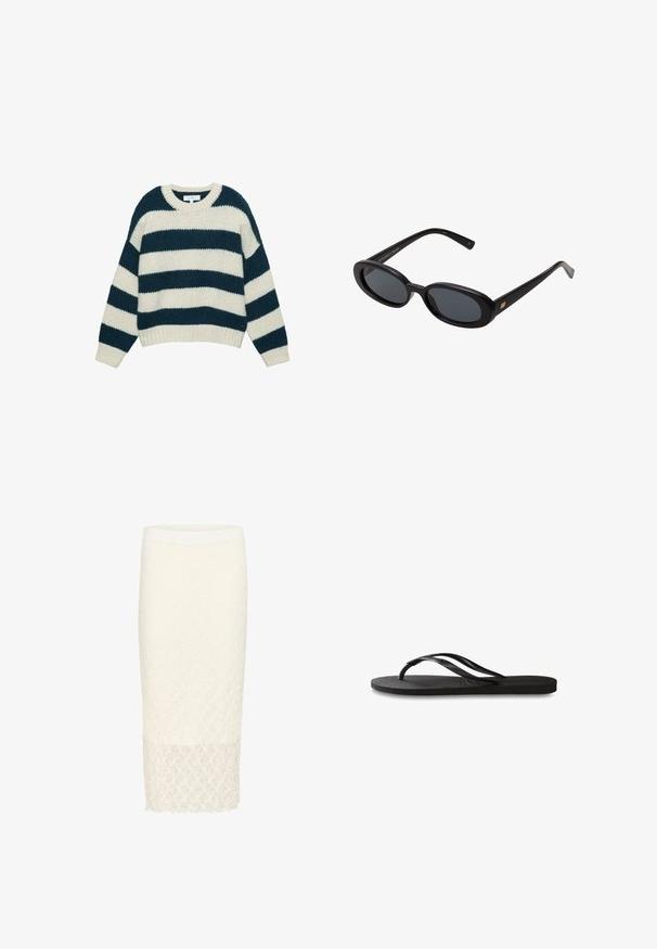 Maglione grosso a maglia con ampie righe orizzontali blu navy e bianche, colletto a girocollo e polsini e orlo a coste.; Gonna a matita bianca in pizzo con un motivo floreale testurizzato, caratterizzata da un taglio a lunghezza ginocchio e una vita solida. Finitura liscia all'orlo.; Infradito neri con suola in gomma testurizzata, due cinghie sottili e un sottile dettaglio del logo impresso sulla cinghia.; Occhiali da sole neri oversize con lenti ovali, montatura in plastica liscia e accenti dorati sulle tempie. Le lenti scure offrono protezione dal sole.; Borsa a tracolla in paglia intrecciata con una forma ampia e affusolata, dotata di due manici in pelle nera. Colore beige naturale con una superficie texture.