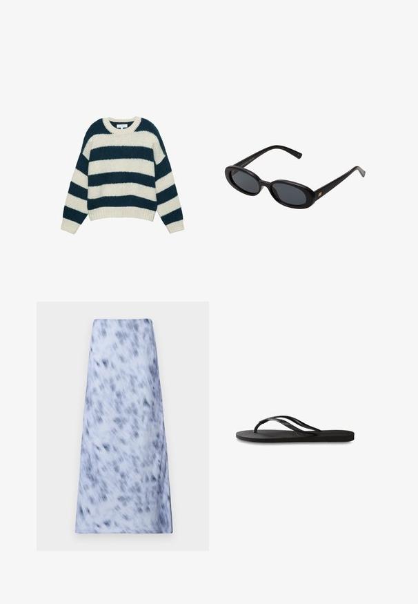 Chunky gebreide trui met brede horizontale navy-blauwe en witte strepen, ronde hals, en ribgebreide manchetten en zoom.; Een lange, lichtblauwe rok met een vervaagd, donkerblauw patroon. De stof lijkt zacht met een gladde textuur en een eenvoudig ontwerp.; Zwarte flip-flop met een gestructureerde rubberen zool, twee slanke banden en een subtiele, ingedrukte logo-detail op de band.; Zwarte oversized zonnebril met ovale lenzen, een glad plastic montuur en gouden accenten op de pootjes. Donkere lenzen bieden bescherming tegen de zon.; Donkerblauwe leren schoudertas met afneembare schouderband, zilveren sluitingen en subtiele verticale logo-detalering in het midden vooraan.