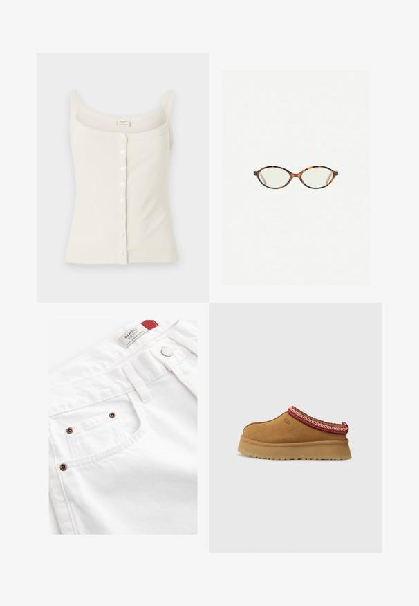 Pull en maille épaisse avec de larges rayures horizontales bleu marine et blanches, col rond et poignets et ourlet côtelés.; Débardeur côtelé couleur crème avec bretelles spaghetti réglables, fermeture à boutons à l'avant et texture lisse. L'étiquette se trouve à l'intérieur.; Shorts en denim blanc avec une taille mi-haute, style à cinq poches et accents en métal cuivré. Tissu texturé avec des détails cousus.; Chaussure slip-on en daim marron avec un bord en rouge et crème à motifs, semelle texturée et logo UGG sur le côté. Présente une légère hauteur de plateforme.; Lunettes en écaille de tortue avec des verres ovales et une finition lisse et élégante. Présente des branches fines avec une courbure subtile au niveau des tempes. Verres transparents.; Liebeskind Berlin KAYLA SATCHEL - Sac à main - schwarz