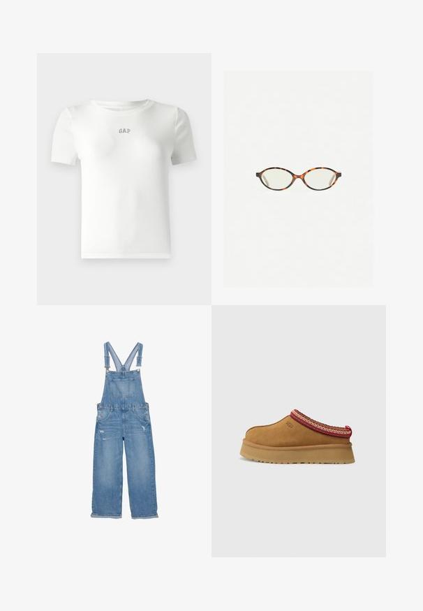 Pulover tricotat gros, cu dungi orizontale late în albastru marin și alb, guler rotund și manșete și tiv din tricot cu crem.; Tricou alb cu mânecă scurtă, din material canalat, cu decolteu clasic și un mic logo brodat „GAP” în centru. Textură moale a materialului.; Salopetă din denim de culoare albastru deschis, cu bretele ajustabile, buzunar frontal, butoane laterale și detalii uzate pe picioare.; Pantof brown din suede, tip slip-on, cu bordură modelată în roșu și crem, talpă texturată și logo UGG pe lateral. Prezintă o ușoară înălțime a platformei.; Ochelari cu ramă din tartan, cu lentile ovale și un finisaj elegant, neted. Prezintă margini subțiri cu o curbură subtilă la tâmple. Lentile clare.; Geantă de mână din piele patent roșie, cu un design curbat, accesorii din argint și o curea scurtă ajustabilă. Prezintă o placă cu logo pe partea din față.